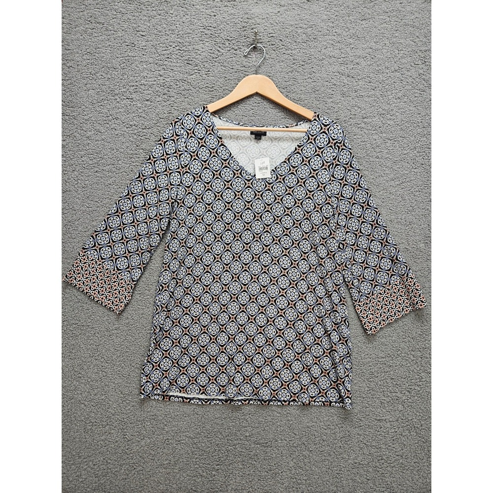 NWT J. Jill Wearever Tunic Medium Navy Blue Geometric Tile Print Boho V-Neck Top